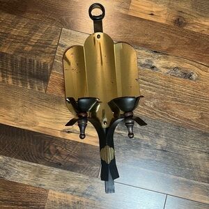 Vintage Brass, wood & Wrought Iron Wall Sconces 2 Taper Candle holders